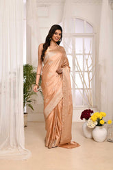 Fawn/ Tussar- Mushru Satin Banarasi Handloom Saree With Handwoven Bootas And Border In Silver Zari
